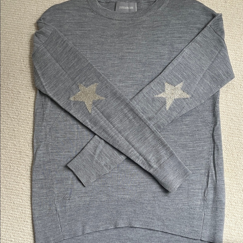 2/$100 Zadig & Voltaire Gray Crewneck Sweater with Silver Star Elbow Patches